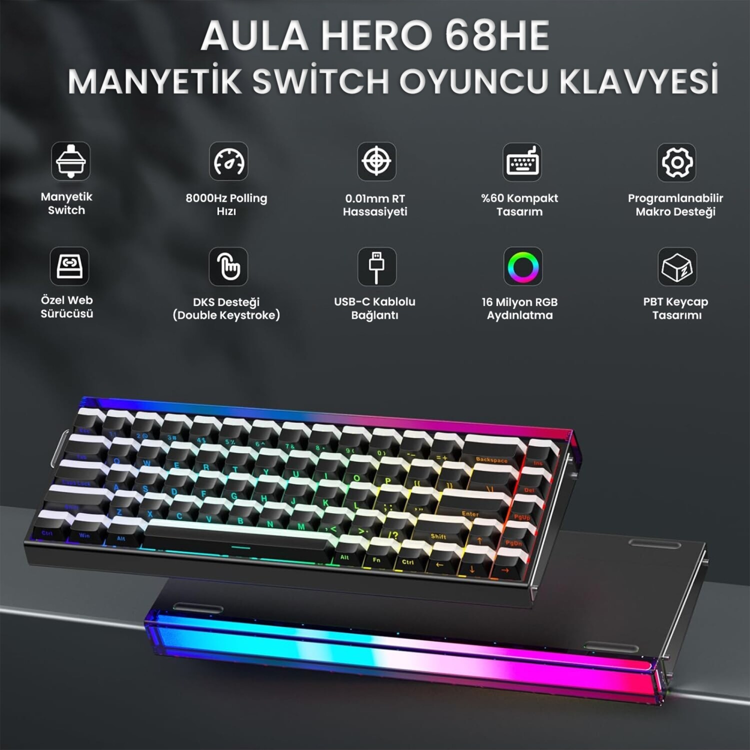 RGB aydınlatmalı %60 mekanik klavye, üstte özellik simgeleri ve metin ile.