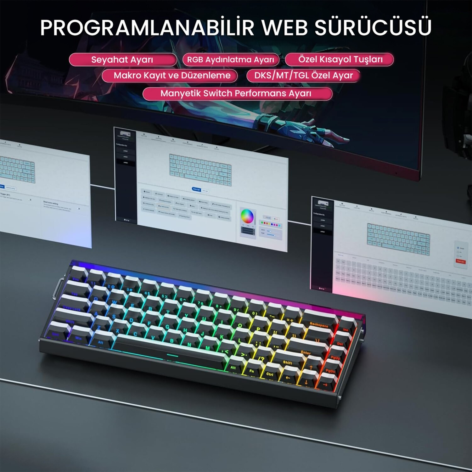 RGB aydınlatmalı, yazılım arayüzlü ve Türkçe yazılı programlanabilir mekanik klavye.