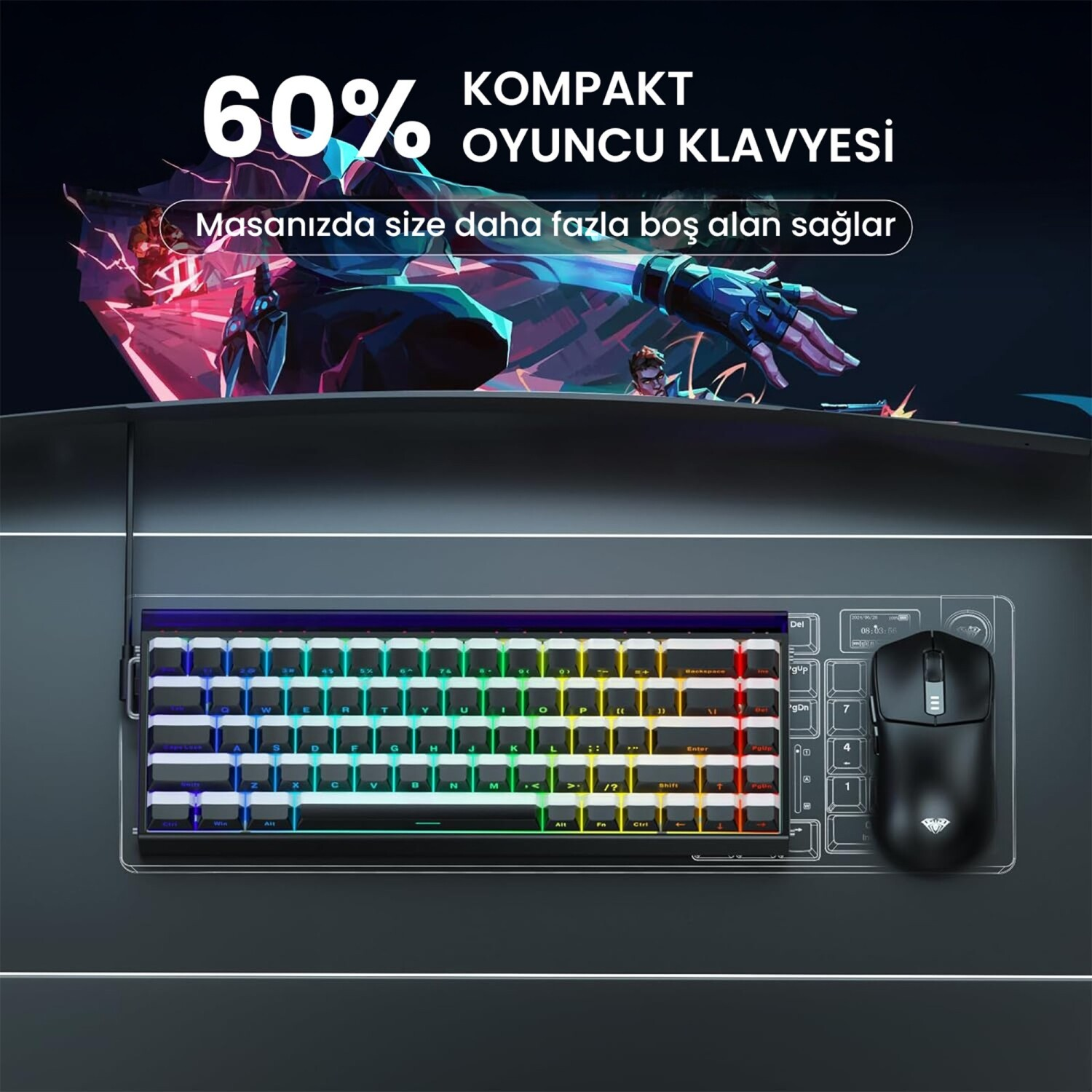 RGB aydınlatmalı %60 oyuncu klavyesi ve oyun arka planlı bir masada siyah fare.