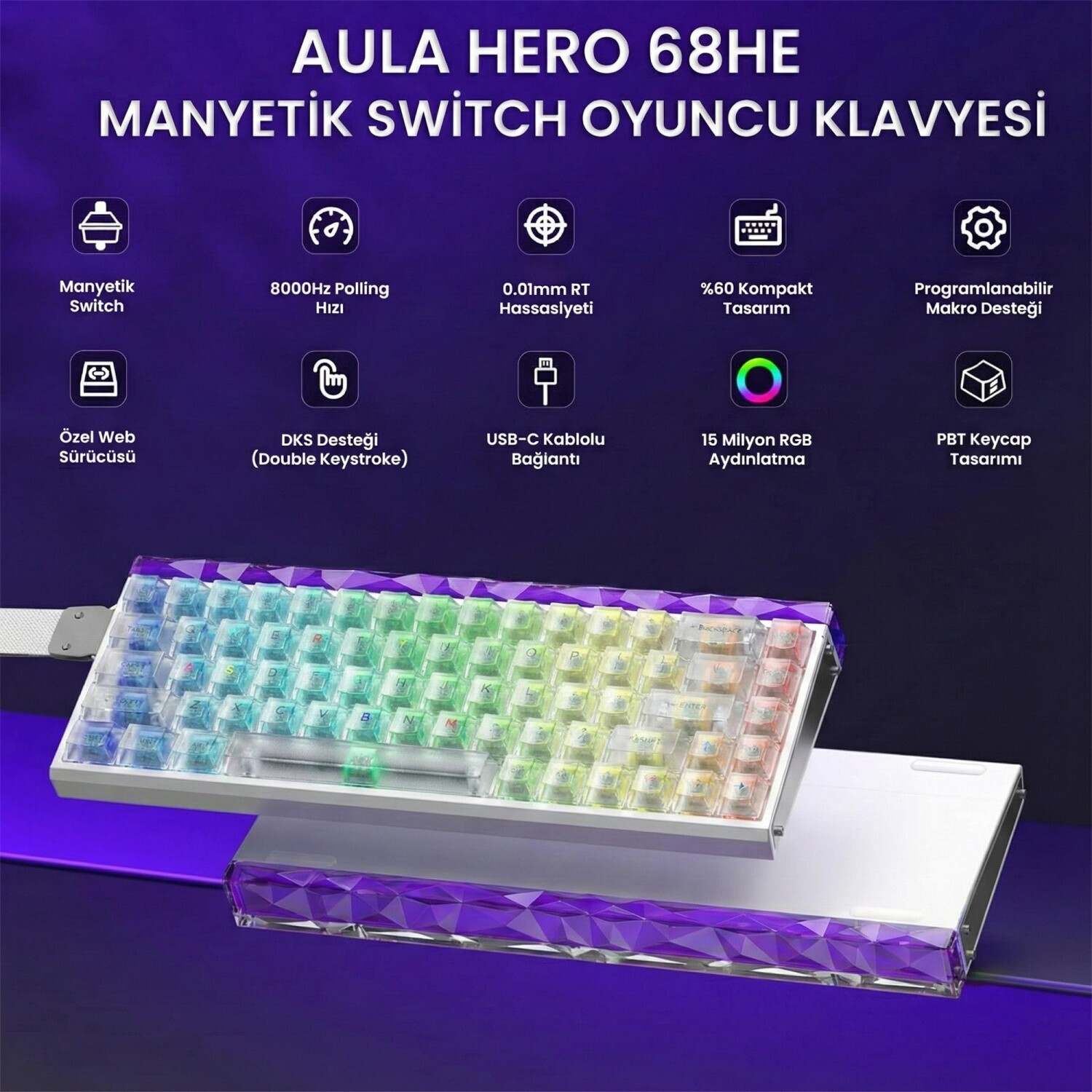 Mor arka plan üzerinde RGB aydınlatmalı ve özellik simgeli Aula Hero 68HE manyetik oyuncu klavyesi.