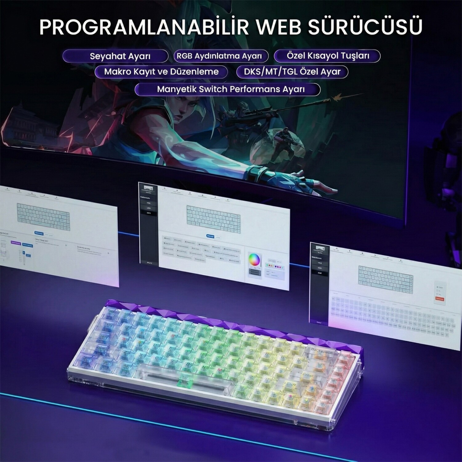 Arka planda yazılım pencereleri ve RGB aydınlatması olan programlanabilir mekanik klavye.