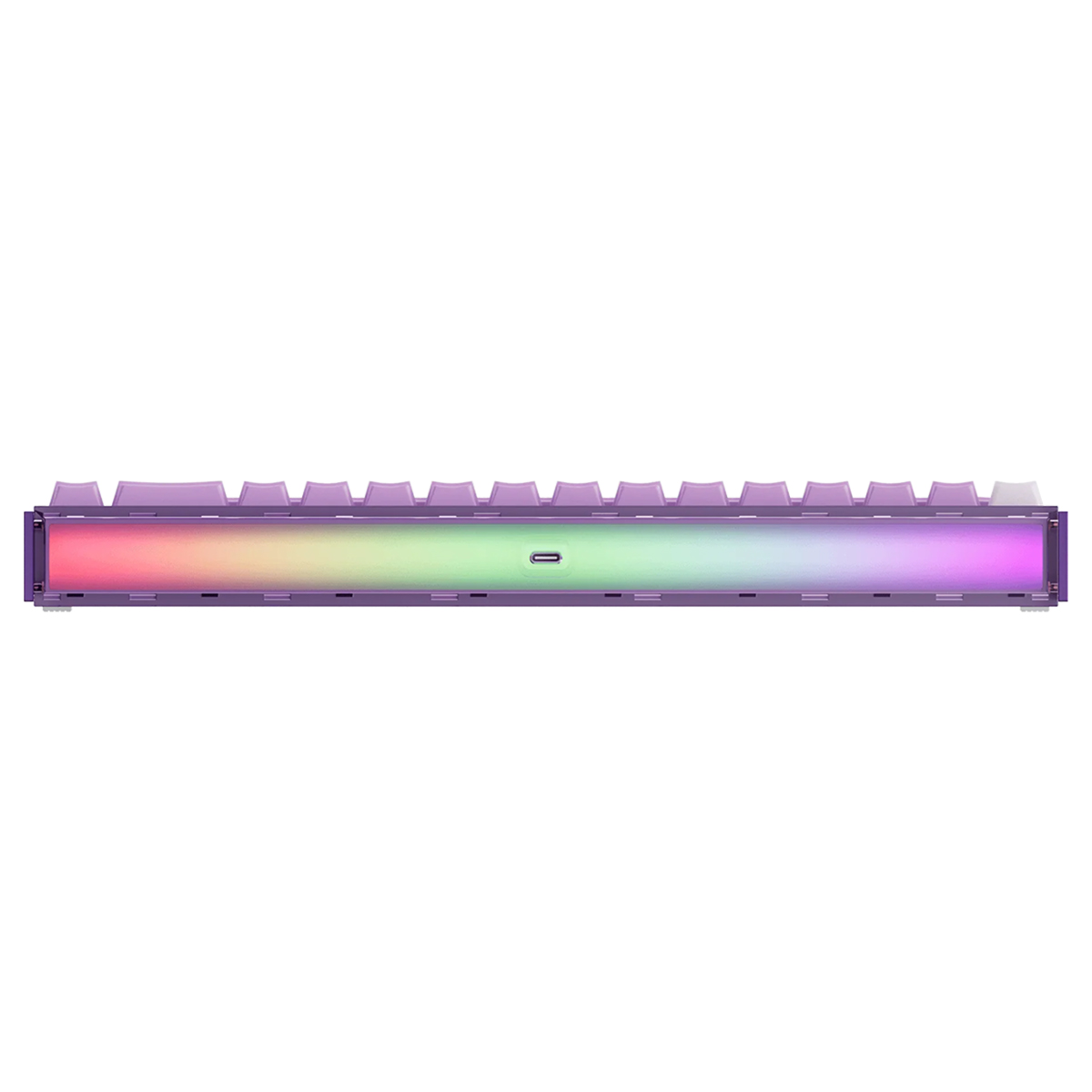 Entegre RGB aydınlatmalı ve orta kısımda USB-C bağlantı noktasına sahip mor klavyenin arka görünümü.