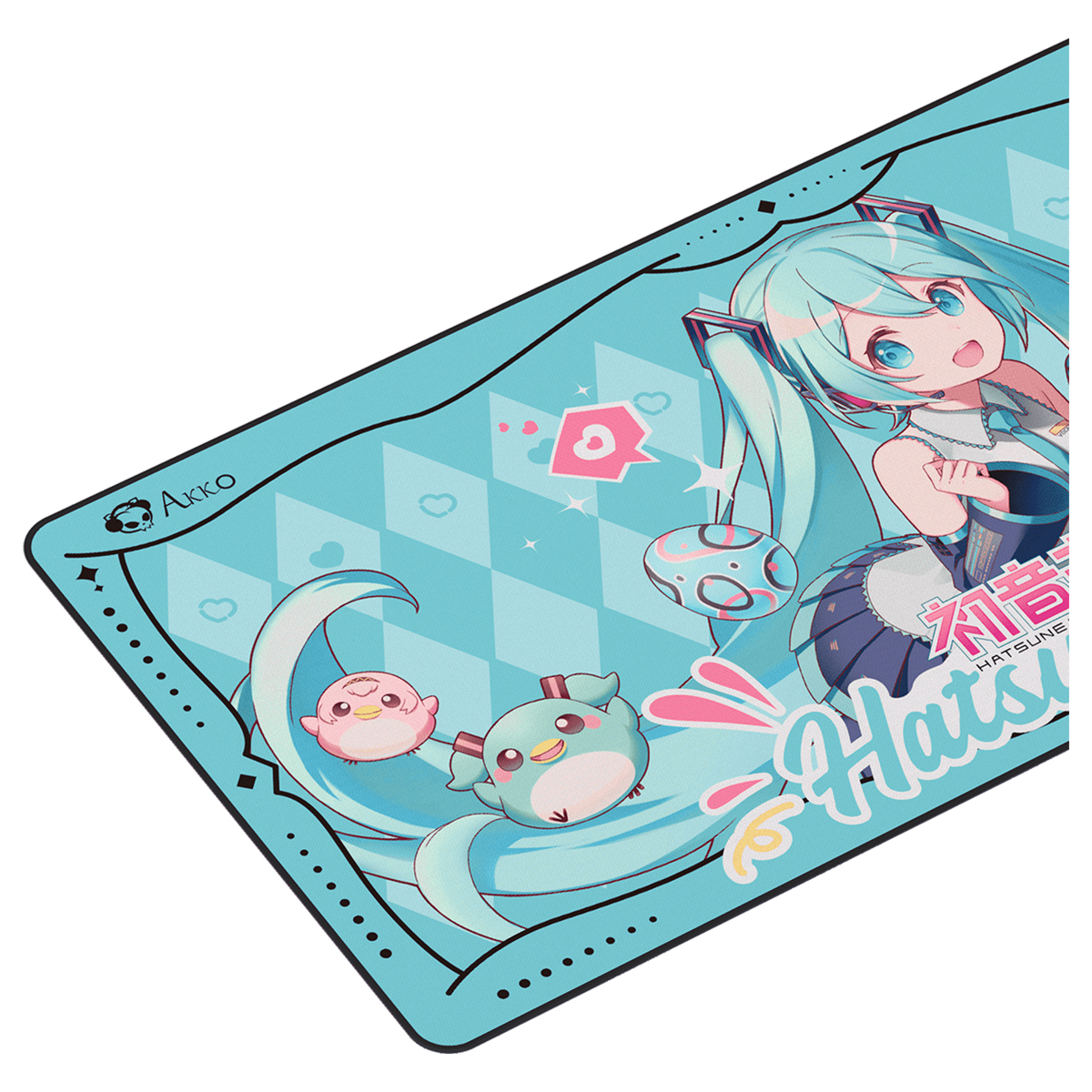 Hatsune Miku, sevimli chibi kuşlar ve pastel renkli yazılar içeren mavi masa matı.
