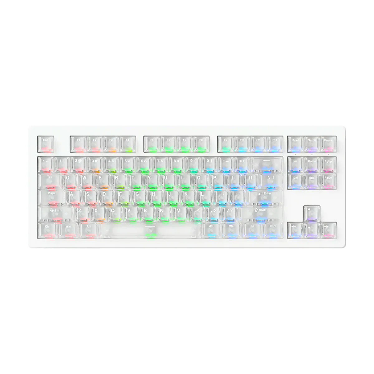 Şeffaf tuş kapaklarına ve renkli RGB arka aydınlatmaya sahip beyaz mekanik klavye.