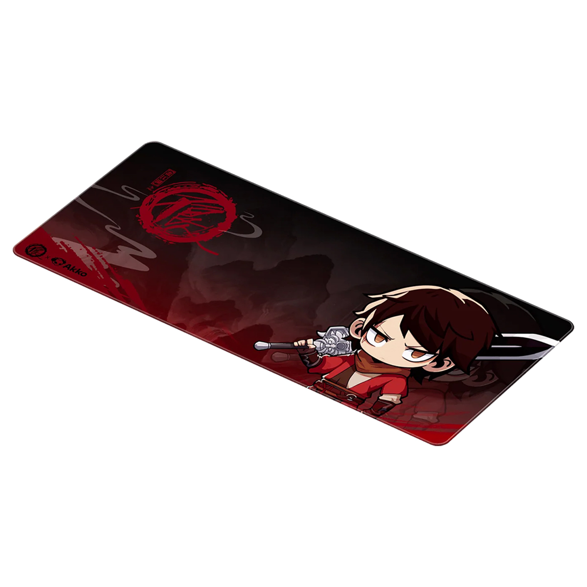 Siyah ve kırmızı renkli oyuncu mousepad'i üzerinde kılıç tutan chibi tarzı anime karakteri var.