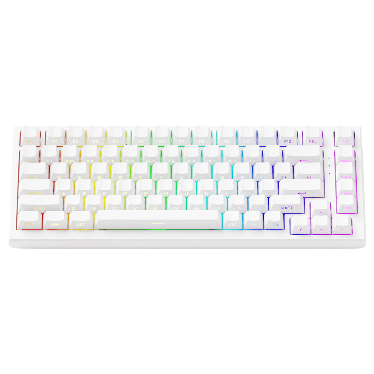 Beyaz arkaplanda canlı RGB gökkuşağı arka aydınlatmalı kompakt beyaz mekanik klavye.