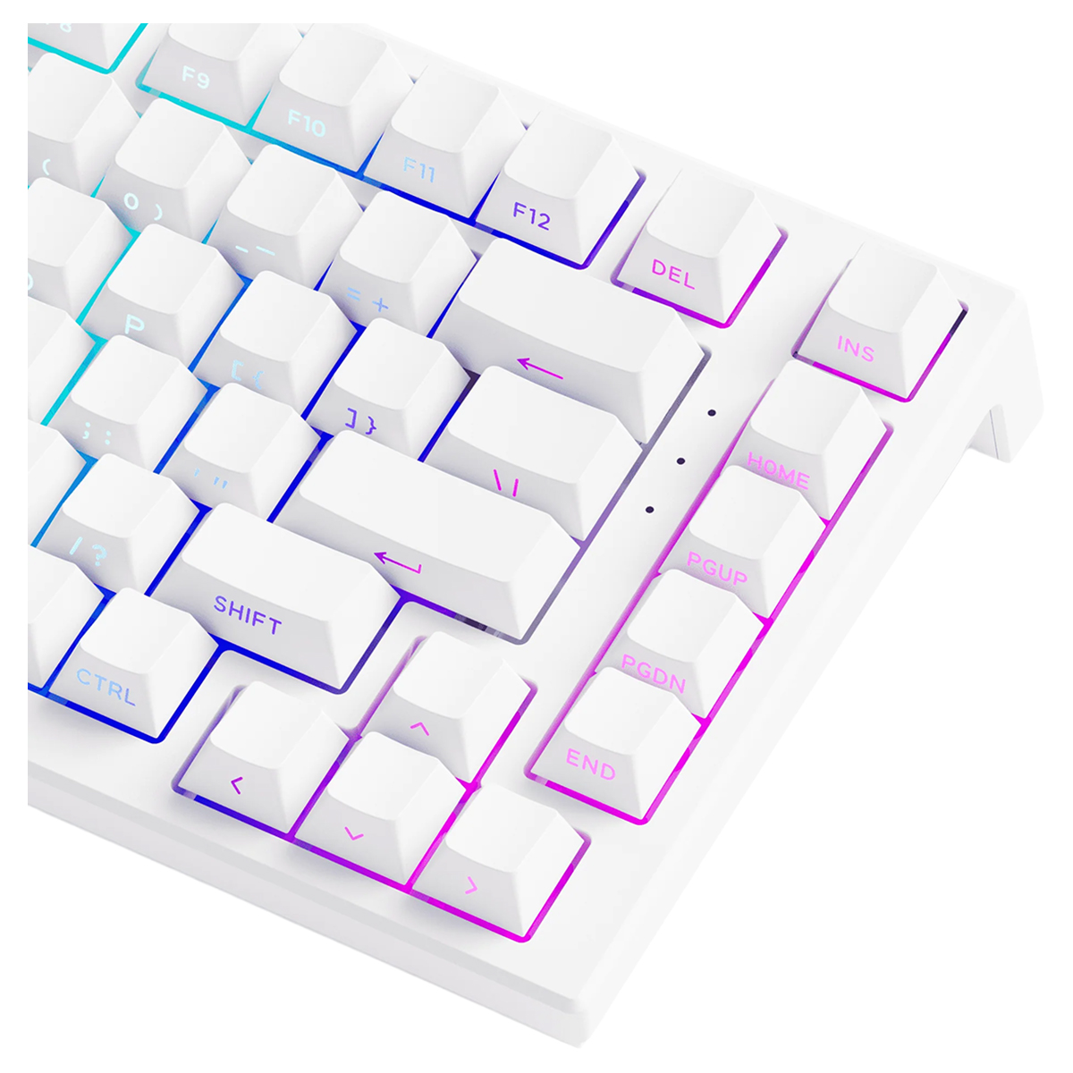 Açık mavi ve pembe RGB arka aydınlatmalı beyaz mekanik klavye.