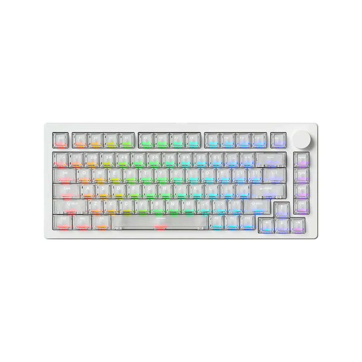 Şeffaf tuş kapaklarına ve canlı RGB arka aydınlatmaya sahip beyaz mekanik bir klavye.