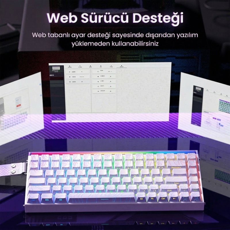 Arka planda web yapılandırma arayüzü olan, topo desenli aydınlatmalı beyaz kompakt klavye.