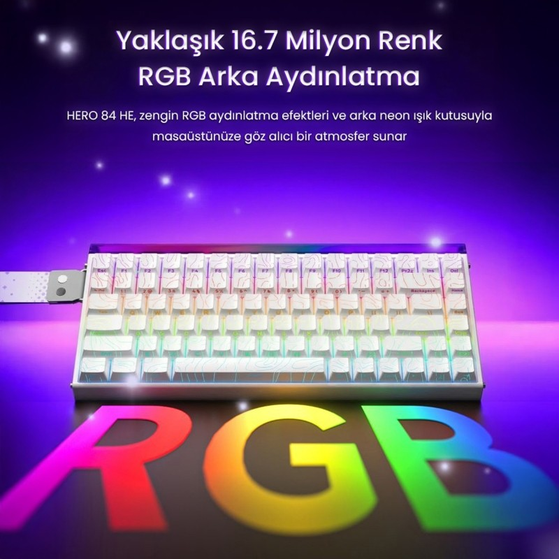 Metin içeren mor bir arka plan önünde RGB arka aydınlatmalı beyaz mekanik klavye.