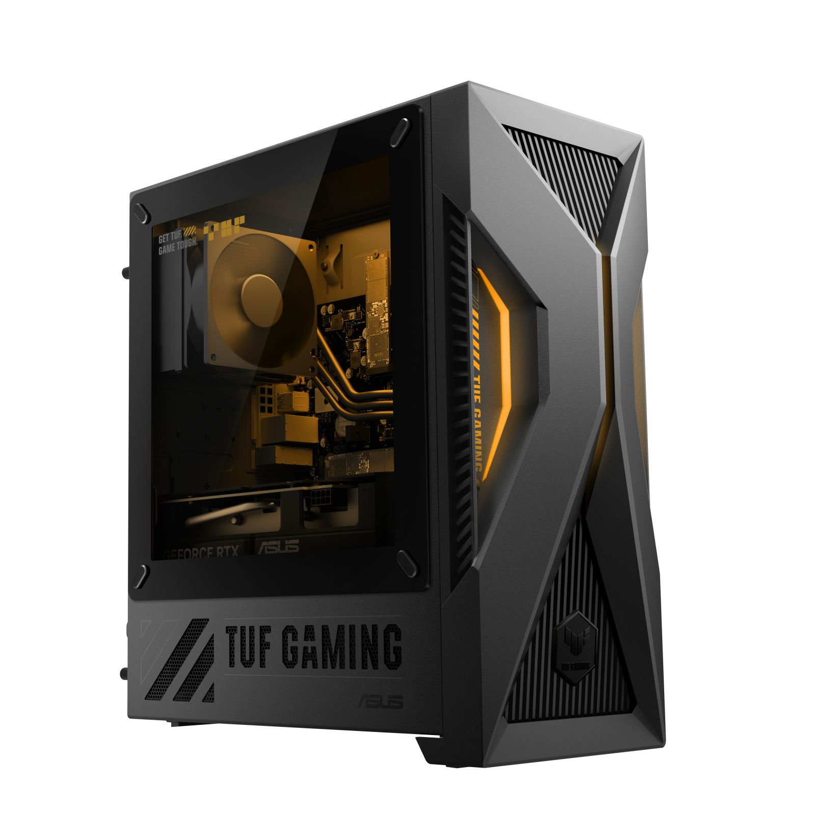 Un tower PC Asus TUF Gaming nero con pannello laterale in vetro che mostra componenti interni e luci gialle.