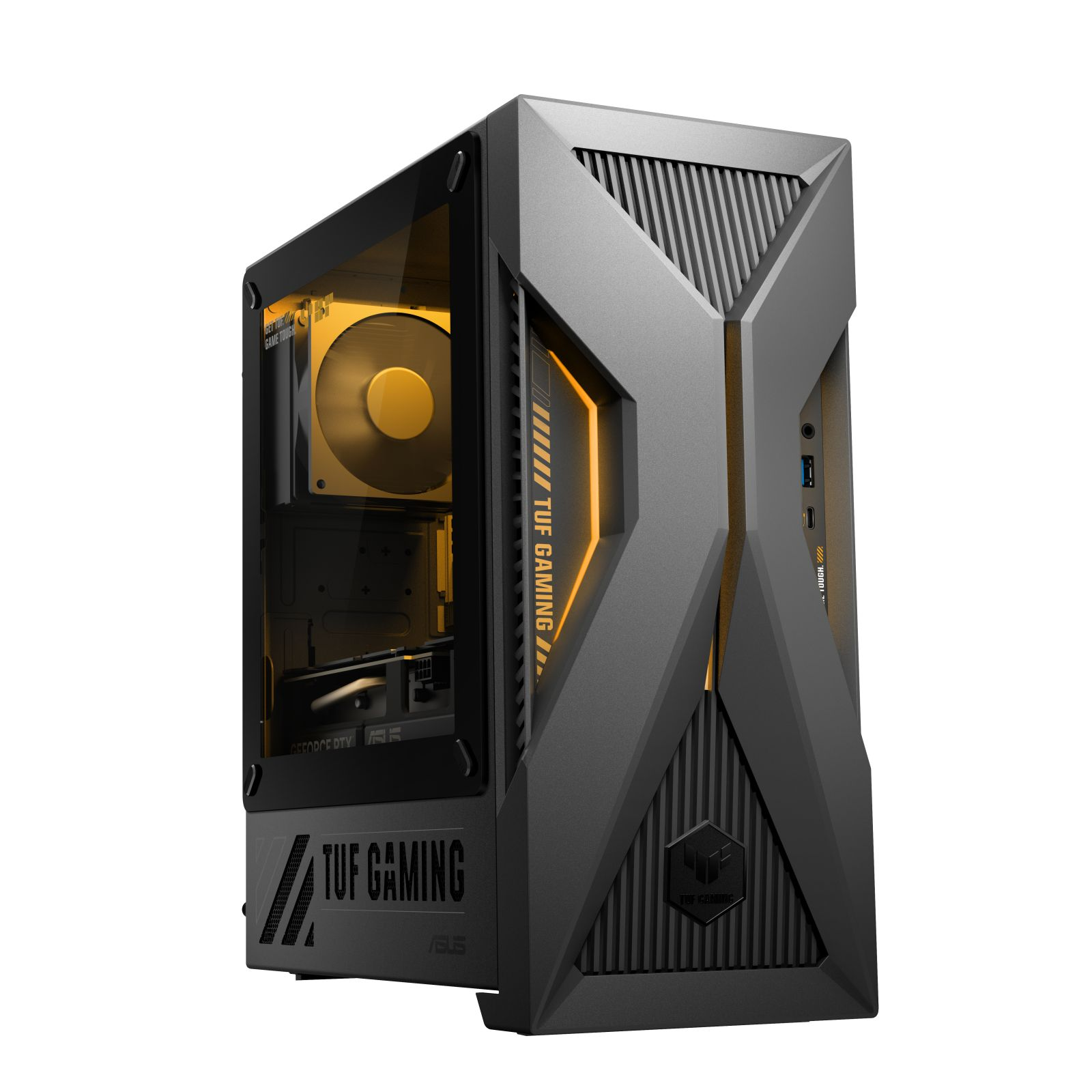 Un tower PC TUF Gaming grigio con pannello laterale in vetro, illuminazione interna gialla e design aggressivo.