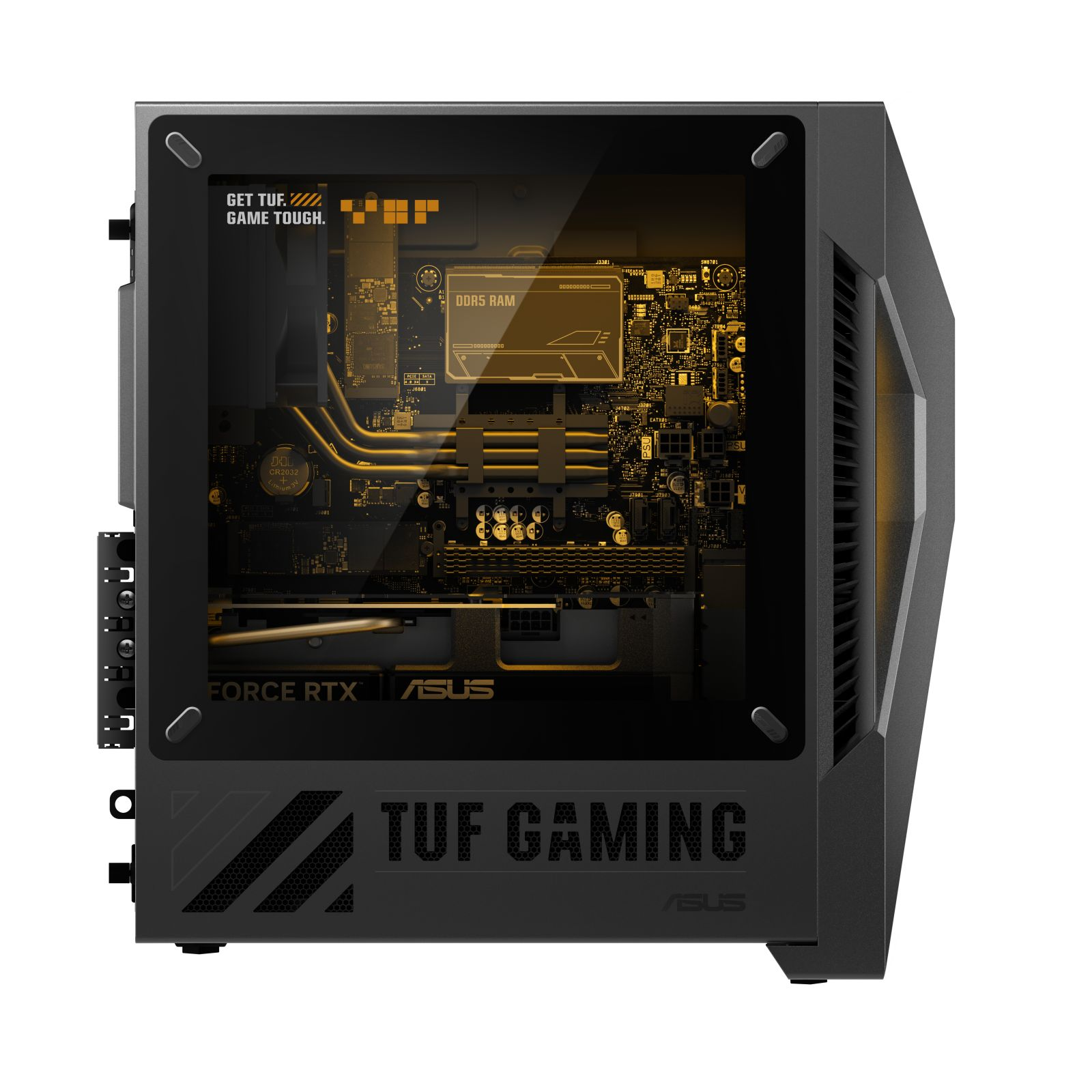 Case per PC nero TUF Gaming con finestra laterale che mostra componenti interni illuminati in oro.