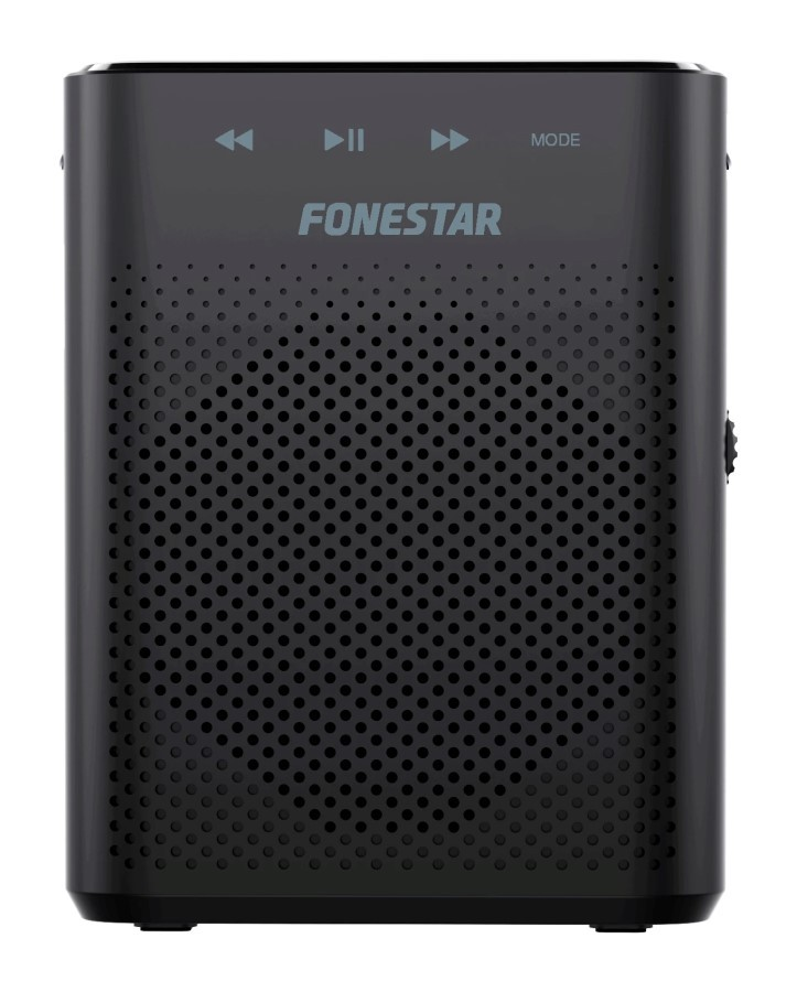 Altavoz negro Fonestar con botones de control superiores y rejilla perforada.