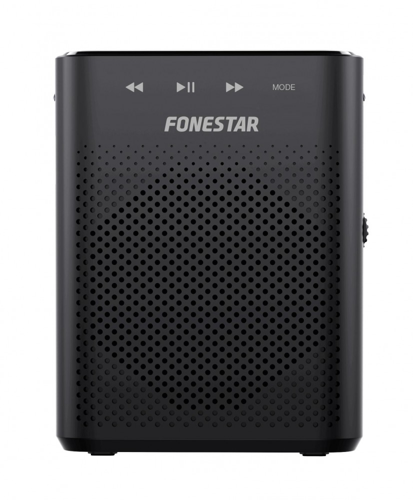 Un altavoz Fonestar negro con rejilla perforada, botones de reproducción y logotipo blanco.