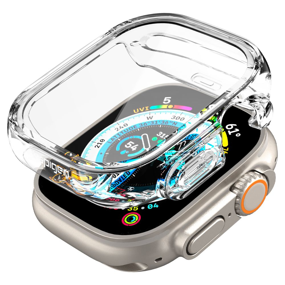 Una custodia protettiva trasparente fluttua sopra un Apple Watch con quadrante digitale.