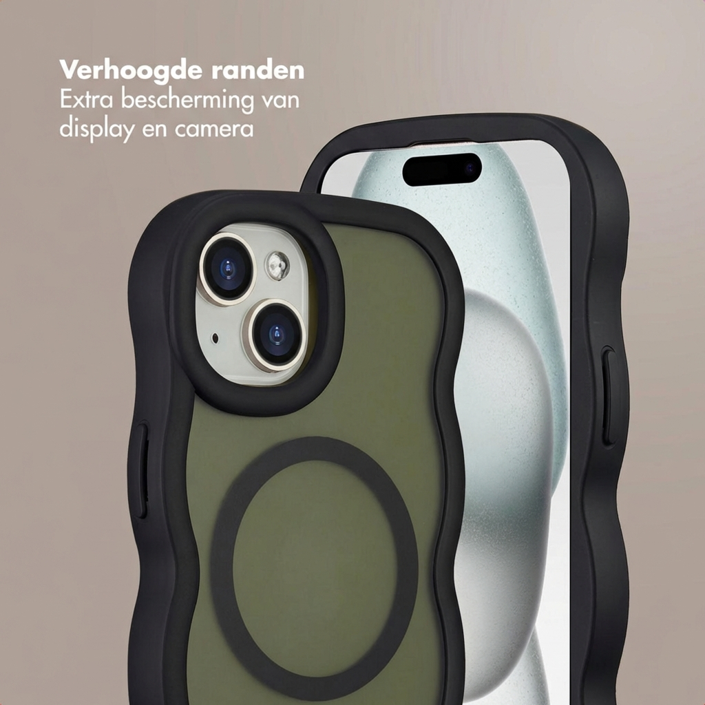 Due custodie per smartphone nere e ondulate su sfondo beige con testo.