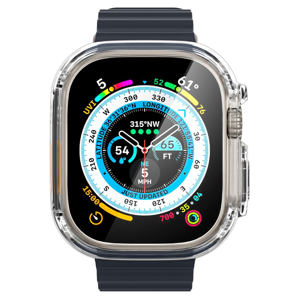 Uno smartwatch nero con un quadrante digitale colorato all'interno di una custodia protettiva trasparente e cinturino scuro.