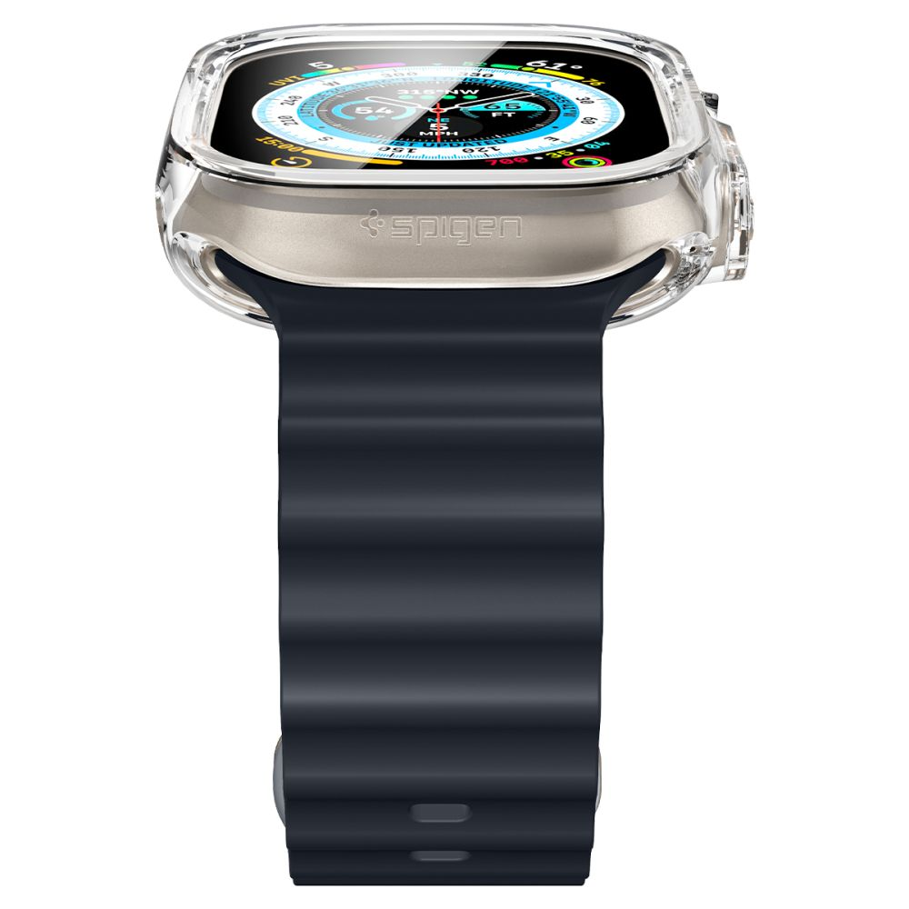 Uno smartwatch Spigen con custodia protettiva trasparente e cinturino scuro su sfondo bianco.