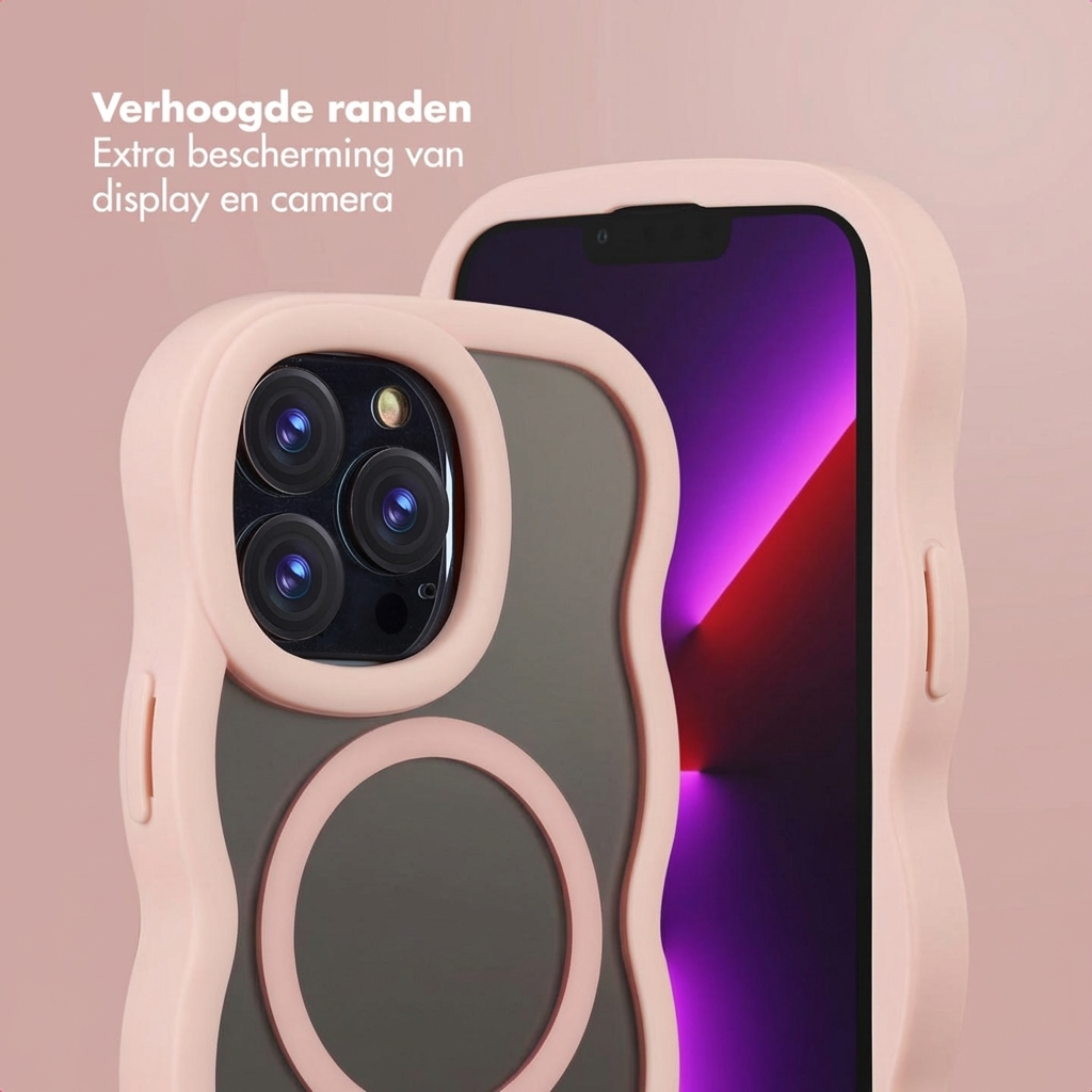 Custodia per smartphone rosa ondulata con bordi rialzati per protezione fotocamera e schermo.