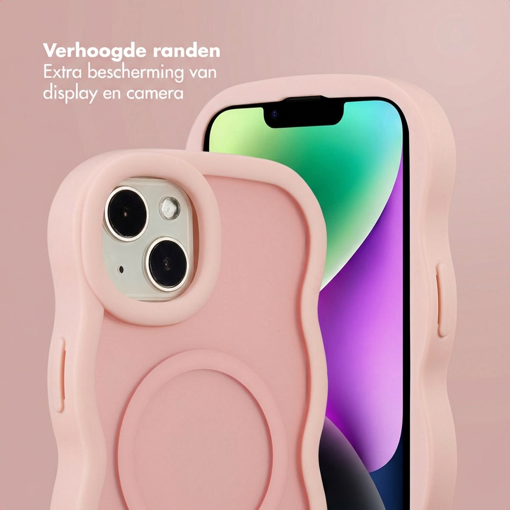 Due cover rosa chiaro e ondulate proteggono lo smartphone, con testo sullo sfondo.