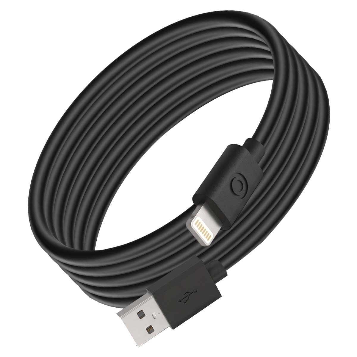 Un cavo USB nero arrotolato con un connettore USB-A e una spina Lightning su sfondo bianco.