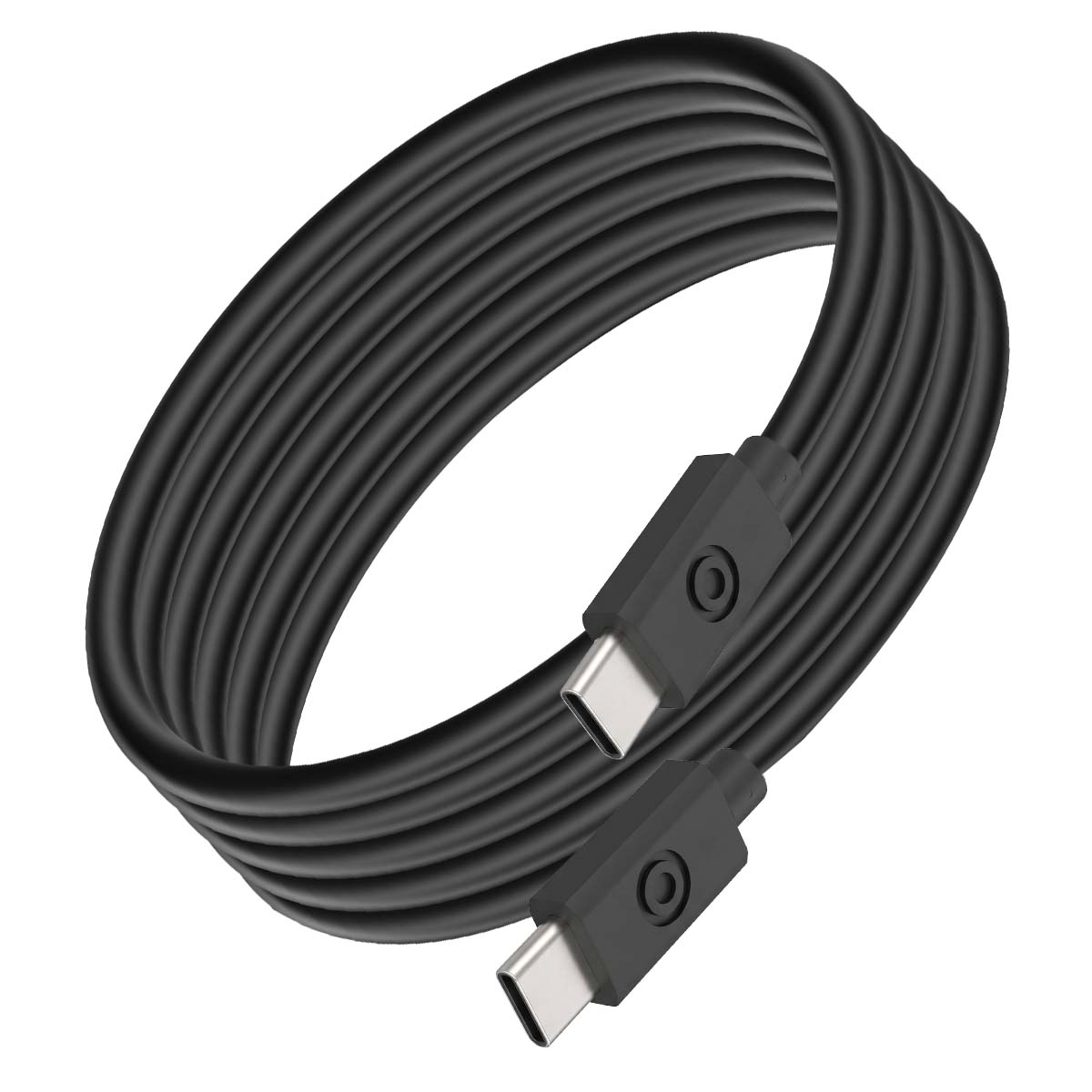 Cavo nero da USB-C a USB-C arrotolato su sfondo bianco.