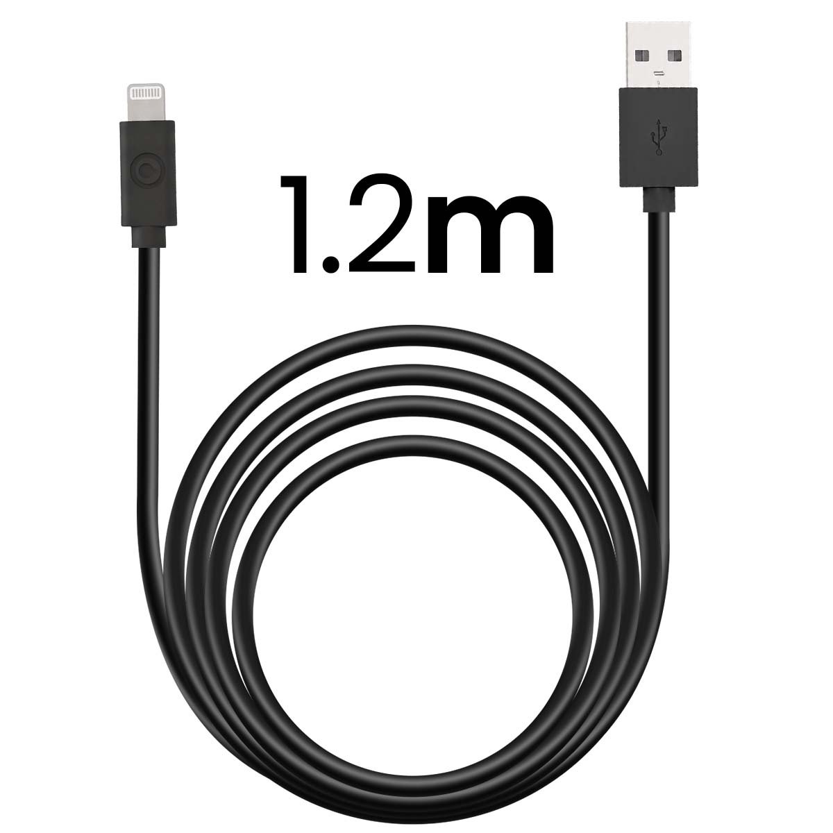 Un cavo di ricarica USB-A a Lightning nero da 1,2 m su sfondo bianco.