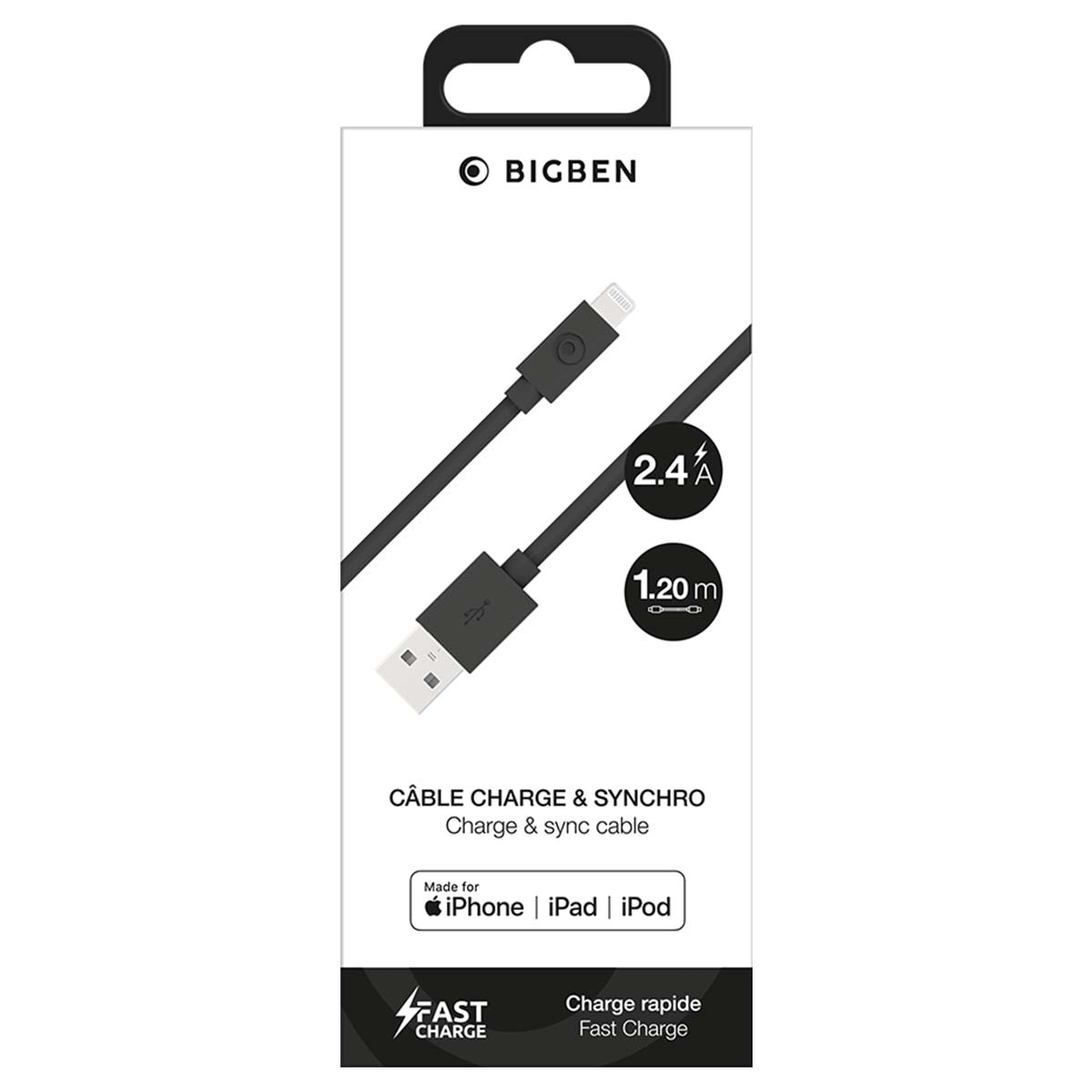 Cavo di ricarica e sincronizzazione Bigben per dispositivi Apple in confezione bianca.