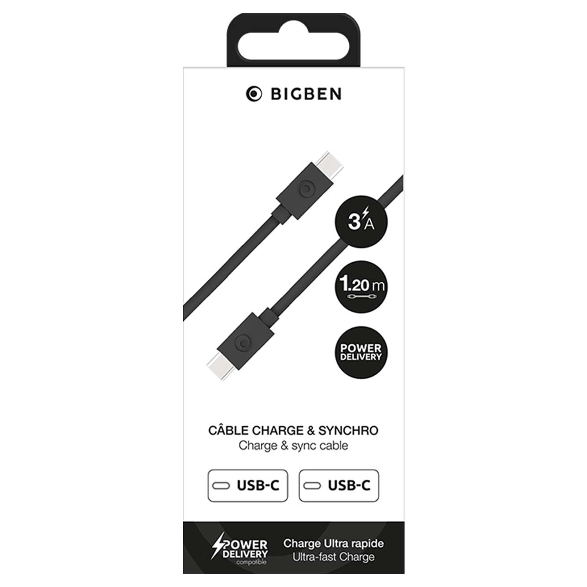 Confezione di un cavo di ricarica e sincronizzazione USB-C a USB-C da 1,20 m Bigben con Power Delivery.