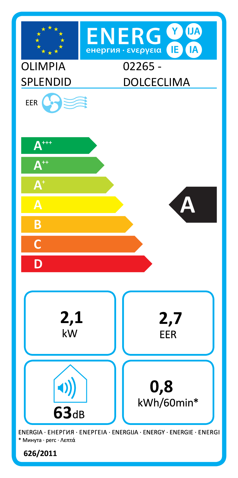 Etichetta energetica Olimpia Splendid Dolceclima con classe A, 2,1 kW, 2,7 EER e 63 dB.