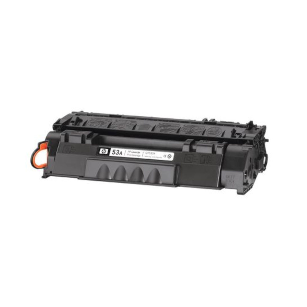 Beyaz arka planda siyah HP 53A lazer toner kartuşu.