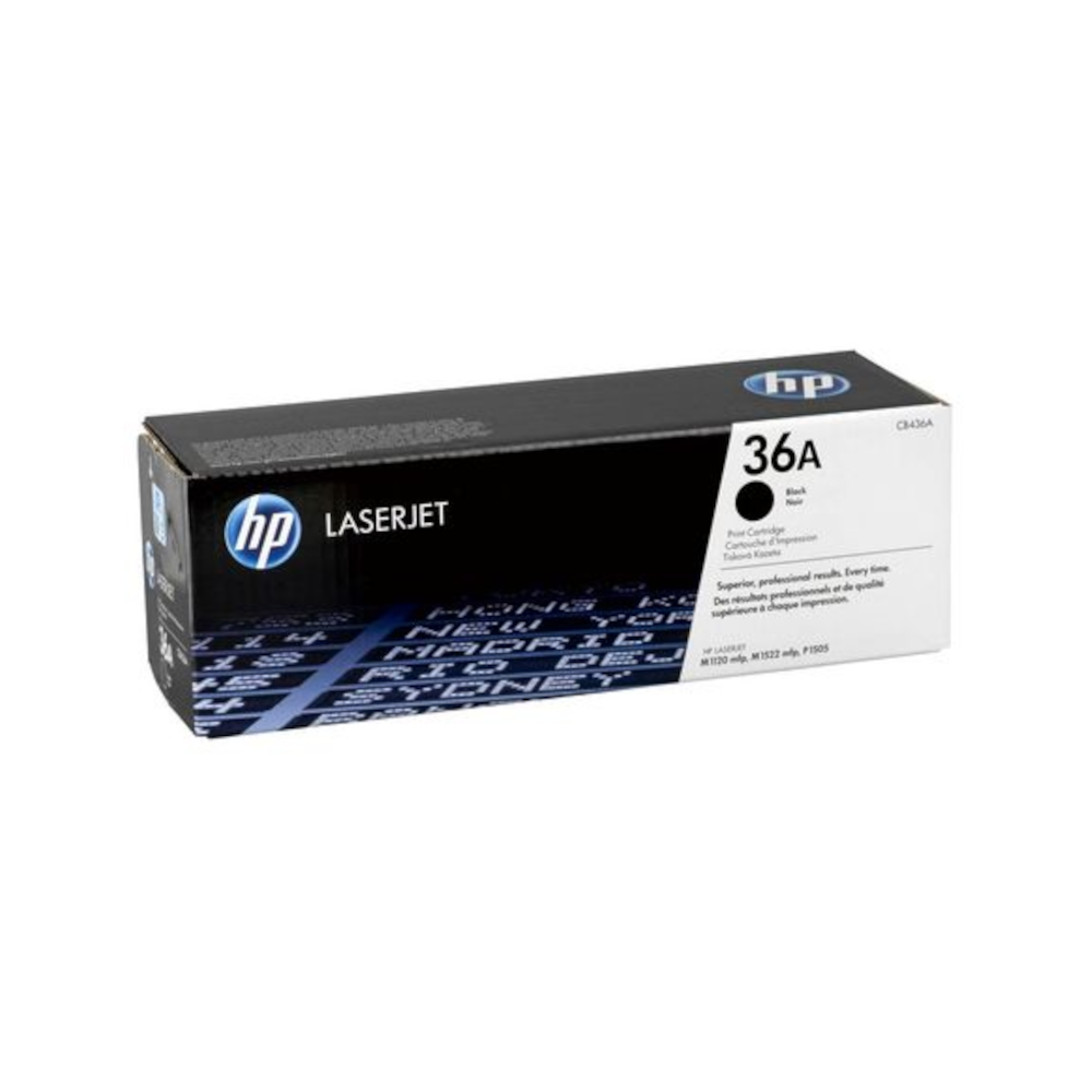 Beyaz arka planda HP LaserJet 36A siyah toner kartuşu kutusu.