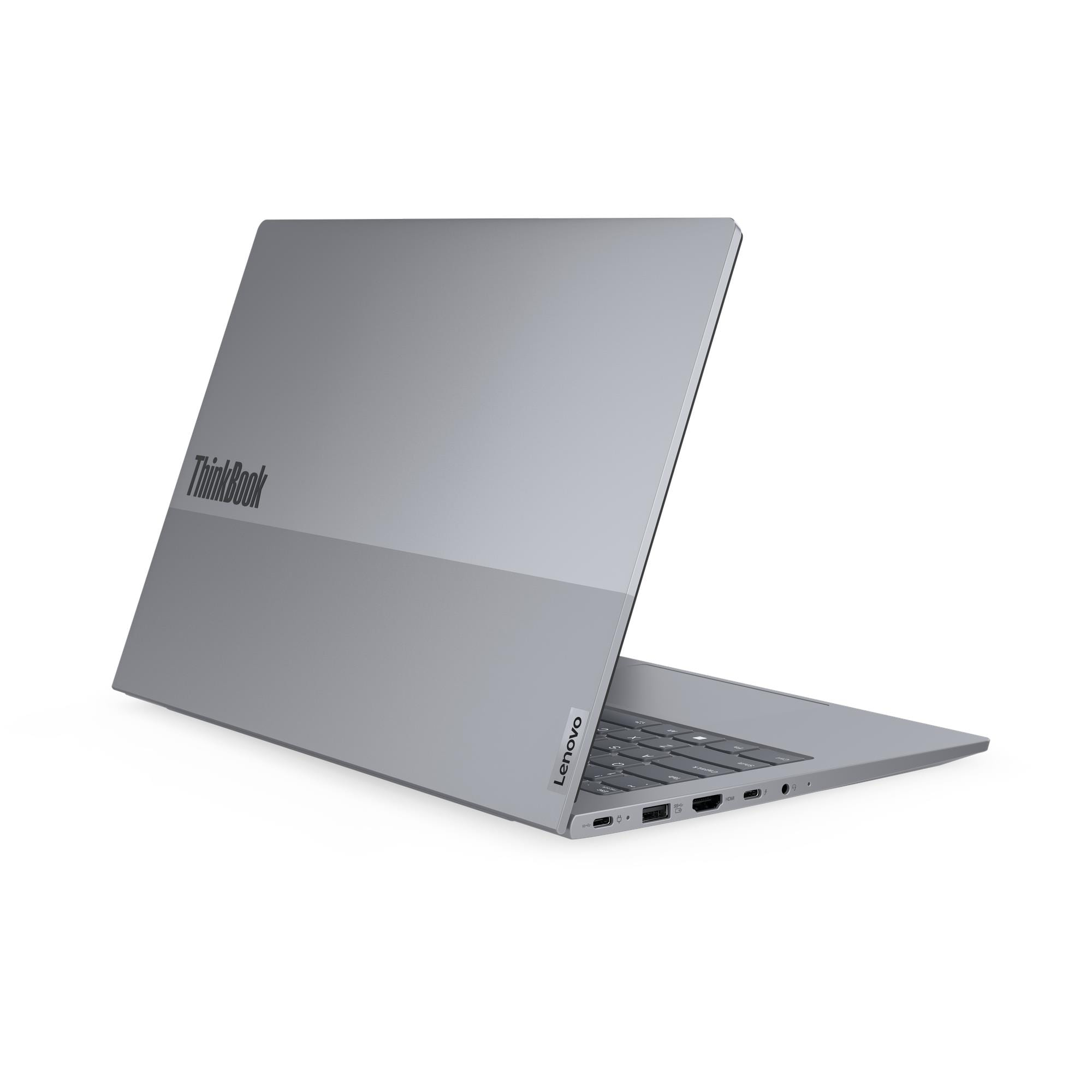 Gri renkli Lenovo ThinkBook dizüstü bilgisayar beyaz arka planda yarı açık duruyor, kasası ve bağlantı noktaları görünüyor.