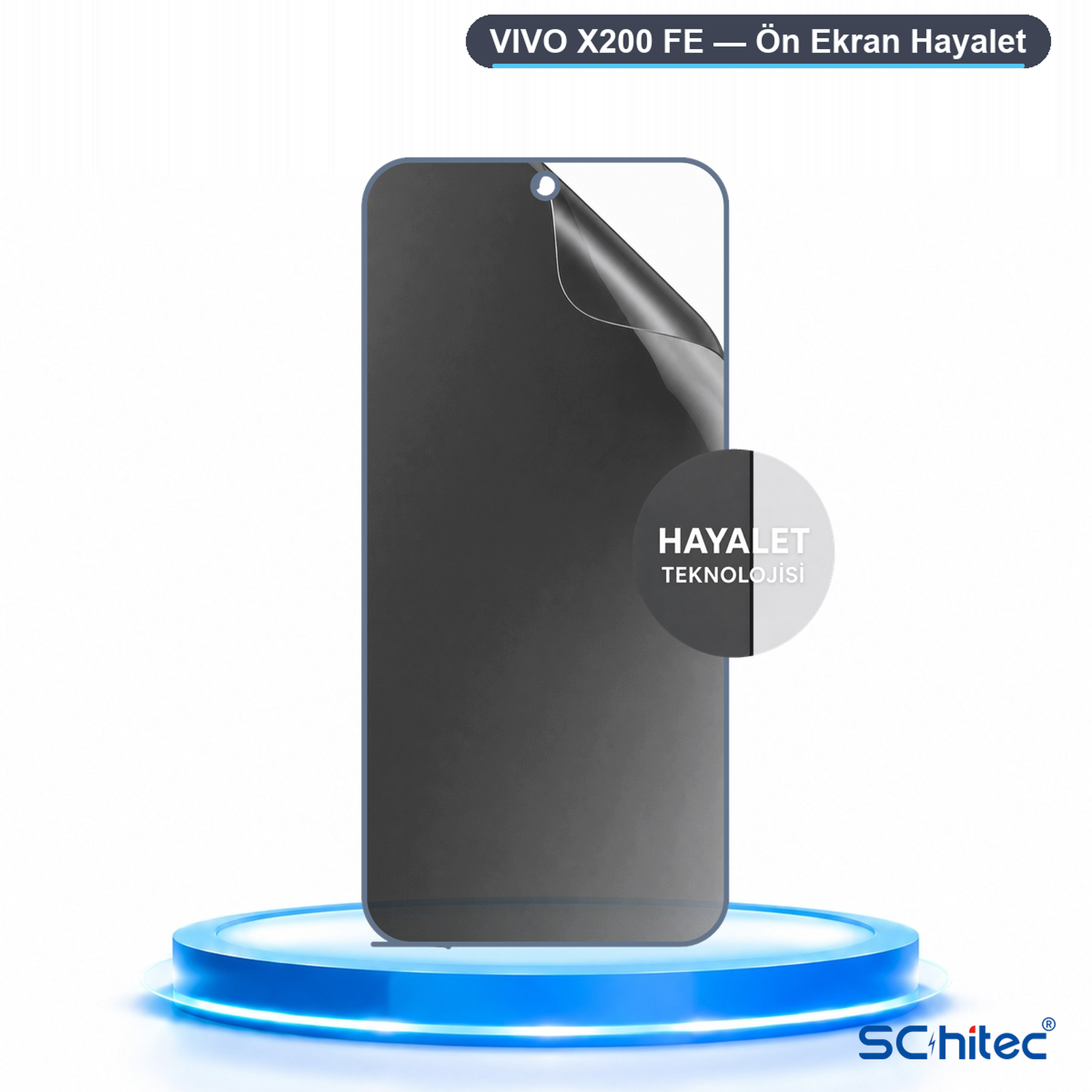 Mavi parlayan bir podyum üzerinde Vivo X200 FE için gizlilik ekran koruyucusu.