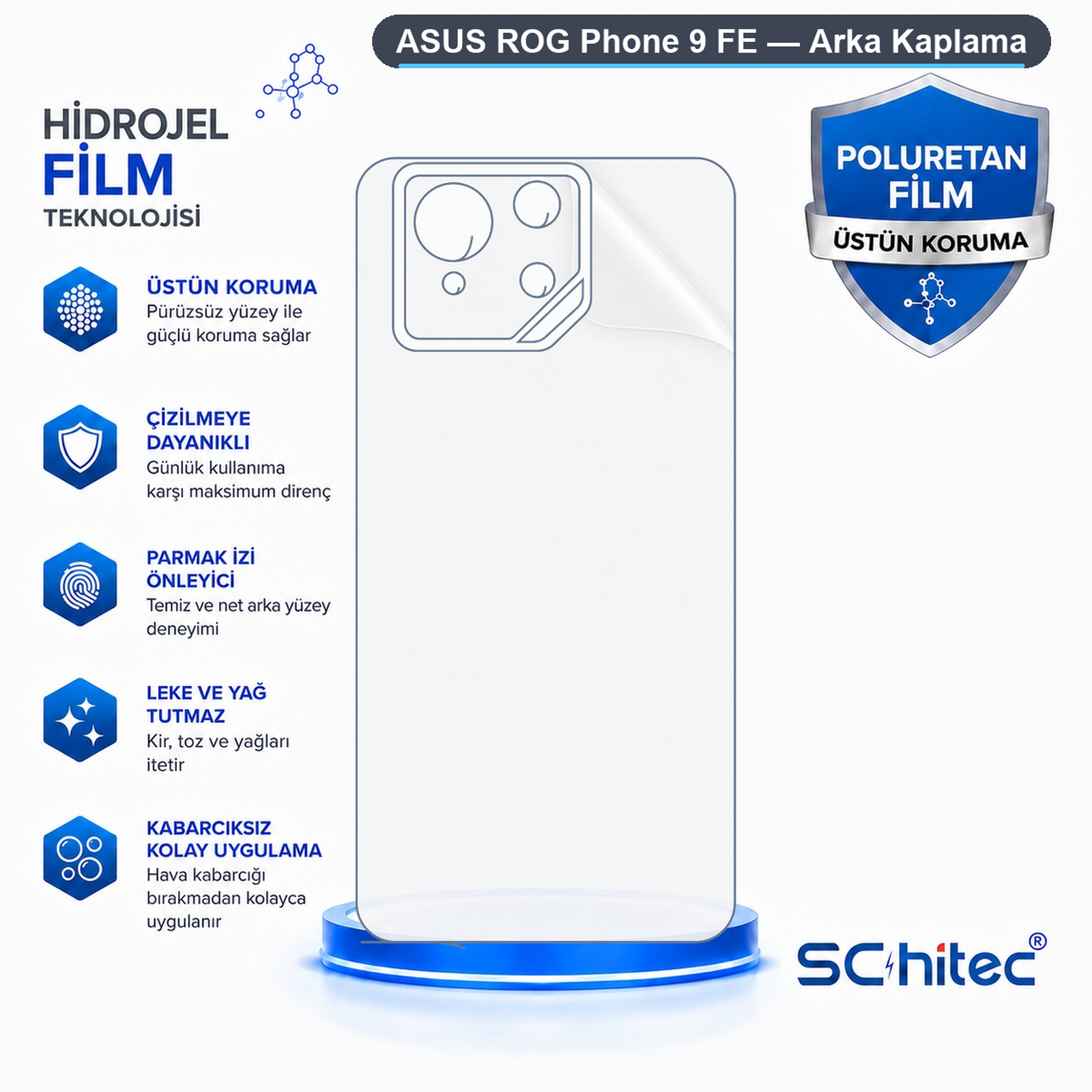 Asus ROG Phone 9 FE için çizilmez ve leke tutmaz şeffaf arka kaplama filmi tanıtan reklam görseli.