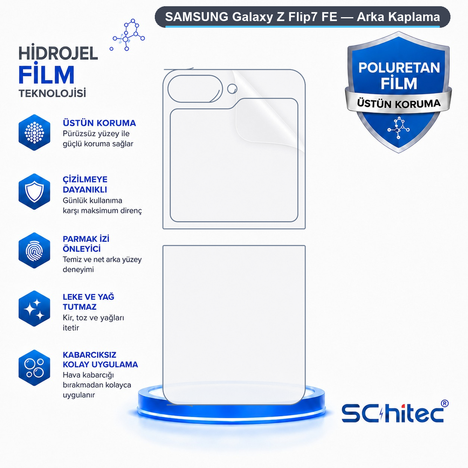 Samsung Galaxy Z Flip7 FE için arka koruma filmini anlatan özellik görselleri ve Türkçe metinler.