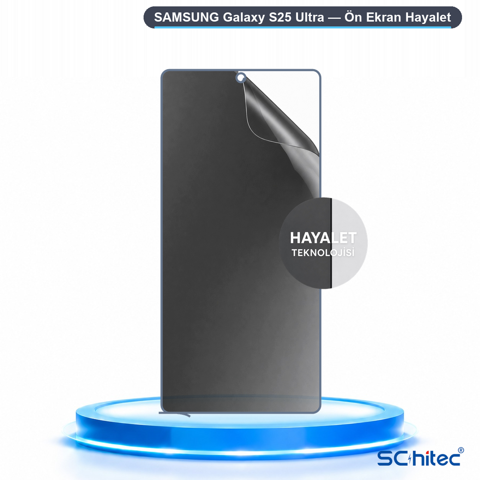 Mavi ışıklı kaide üzerinde Samsung Galaxy S25 Ultra gizlilik ekran koruyucu.