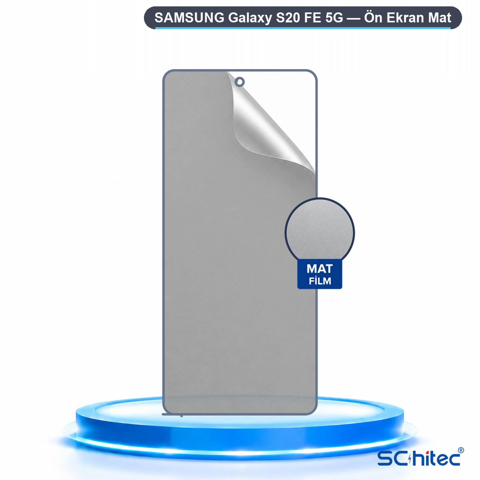Samsung Galaxy S20 FE 5G için mat ekran koruyucu mavi bir podyum üzerinde duruyor.