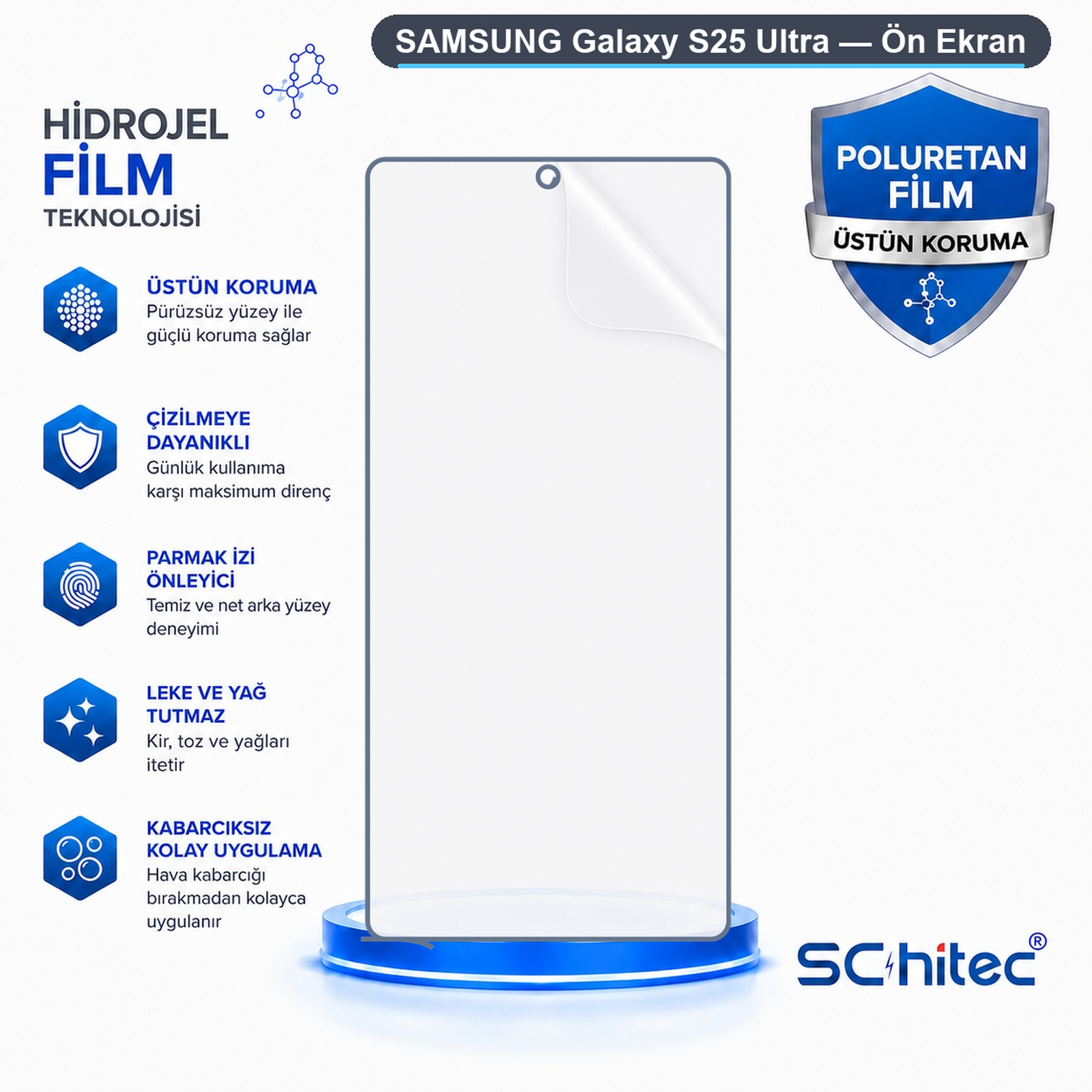 Samsung Galaxy S25 Ultra ekran koruyucu reklamı, yanında Türkçe özellikleriyle.