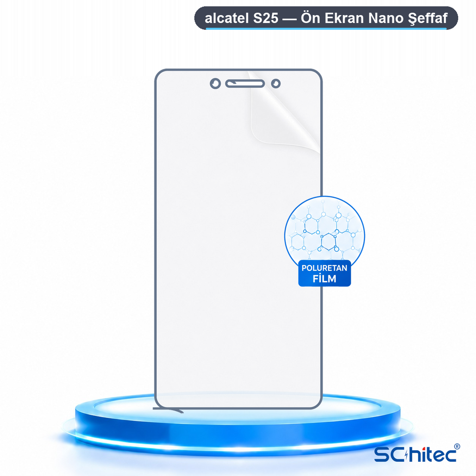 Mavi kaide üzerinde Alcatel S25 nano poliüretan ekran koruyucu.