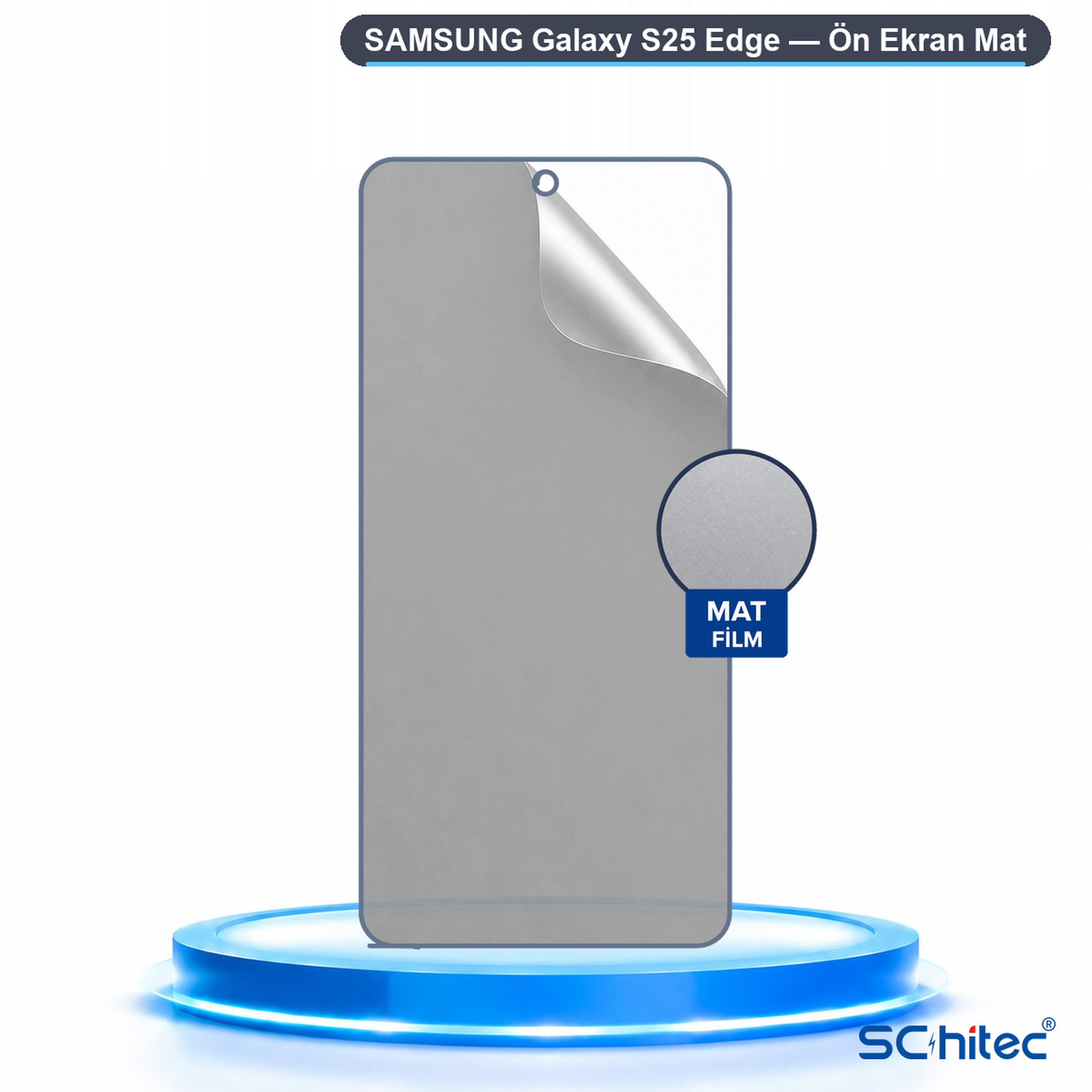 Samsung Galaxy S25 Edge için mat ekran koruyucu film, parlayan mavi bir podyum üzerinde duruyor.