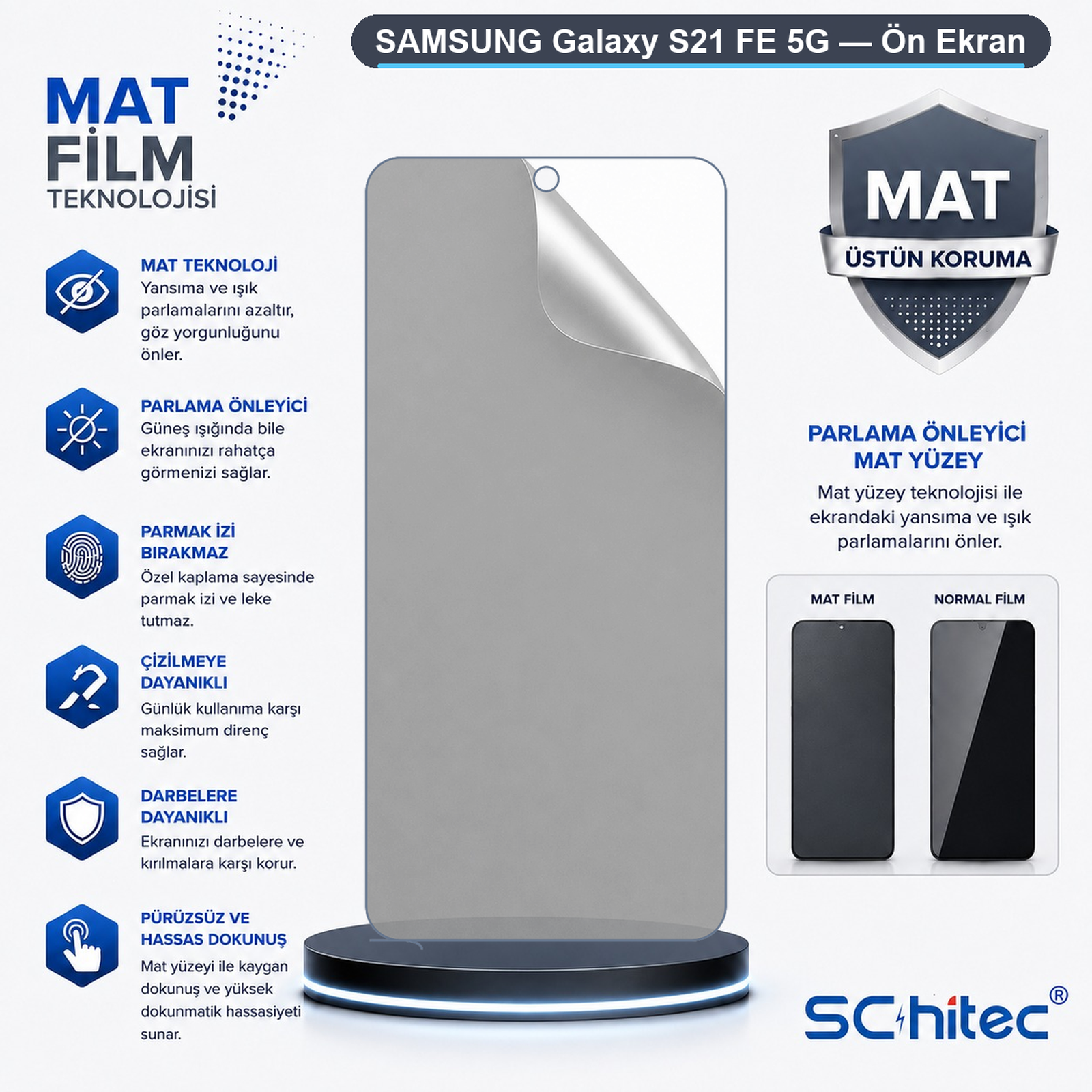 Samsung Galaxy S21 FE 5G için mat ekran koruyucu reklamı, özelliklerini Türkçe olarak vurguluyor.