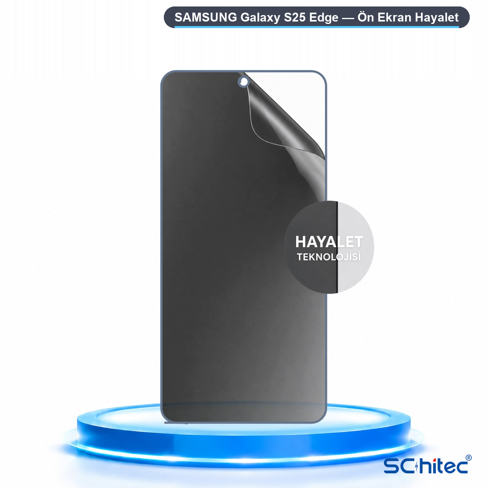 Mavi kaide üzerinde Samsung Galaxy S25 Edge ekran koruyucu.