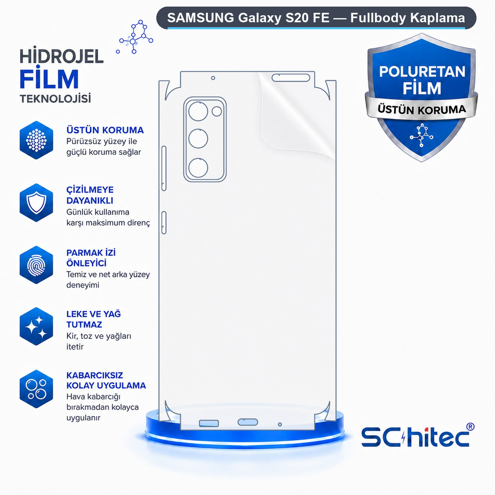 Samsung Galaxy S20 FE için hidrojel ve poliüretan filmi gösteren, özellik simgelerine sahip bilgilendirici görsel.