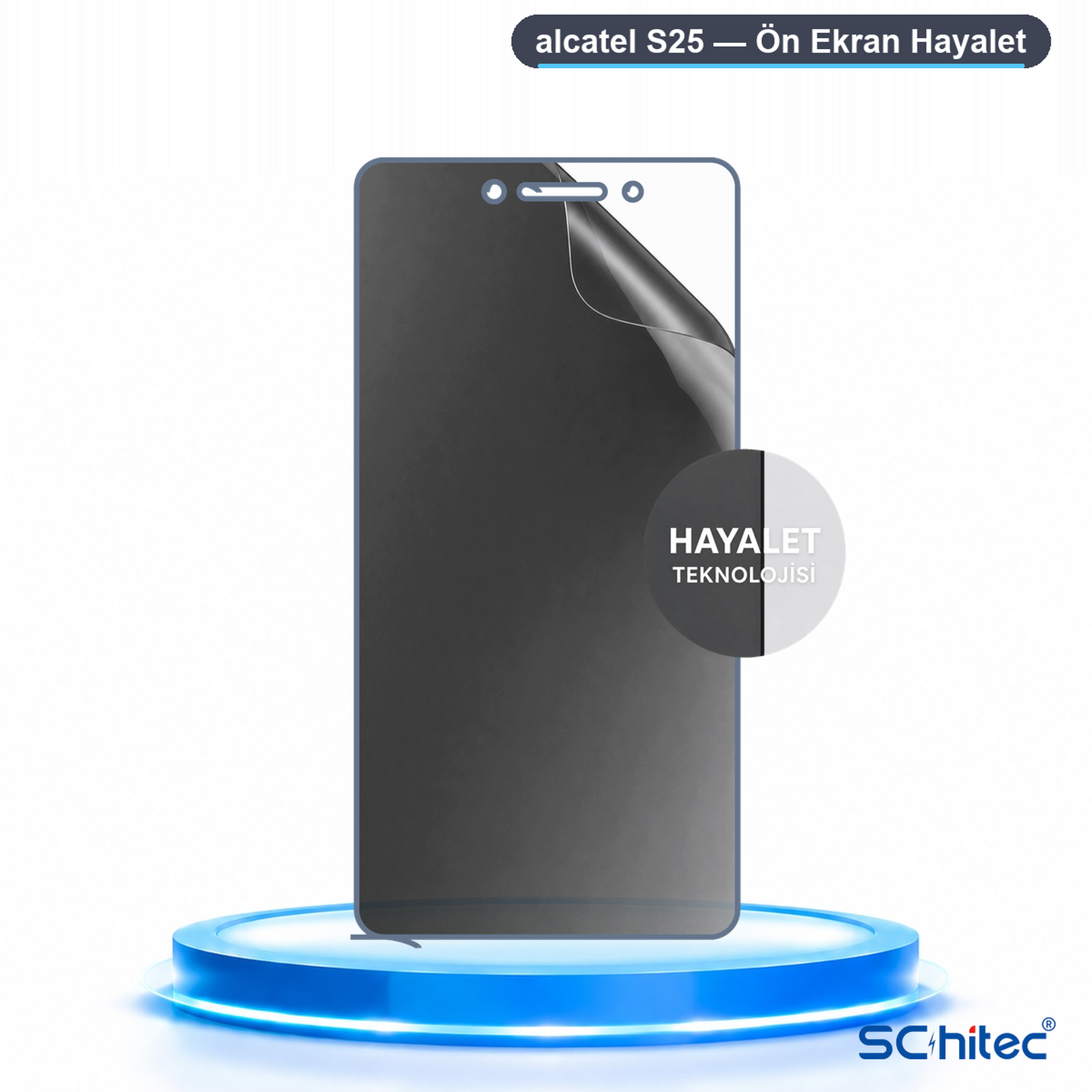 Mavi kaide üzerinde "Hayalet Teknolojisi" yazılı Alcatel S25 ekran koruyucu.