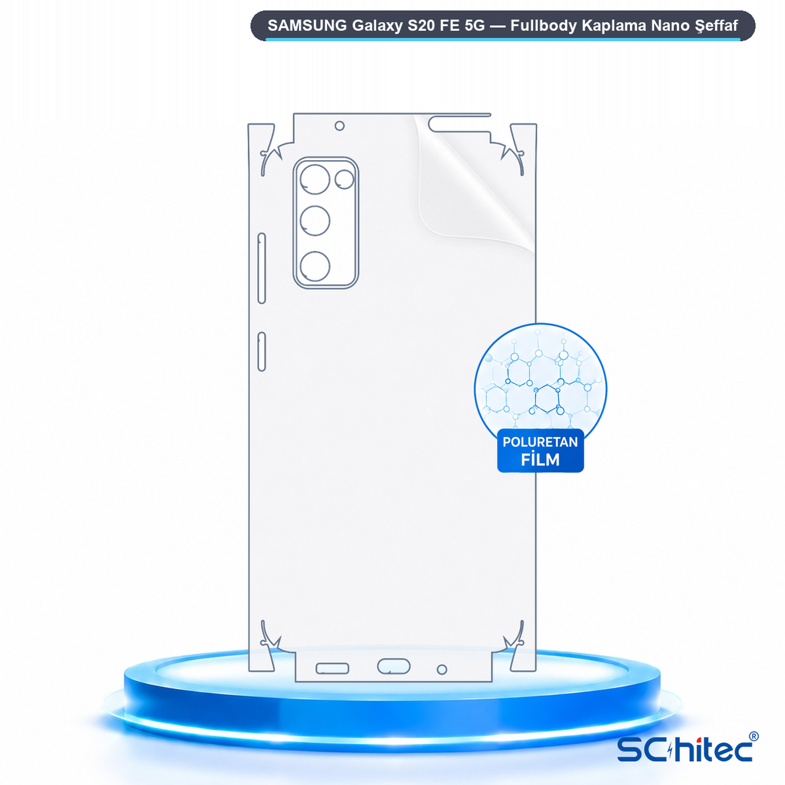 Mavi bir podyum üzerinde Samsung Galaxy S20 FE 5G için şeffaf koruyucu film.
