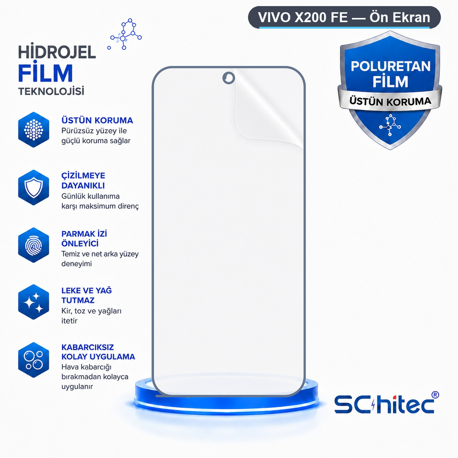 Çizilmeye dayanıklı ve kabarcıksız özelliklere sahip Vivo X200 FE için hidrojel ekran koruyucu.