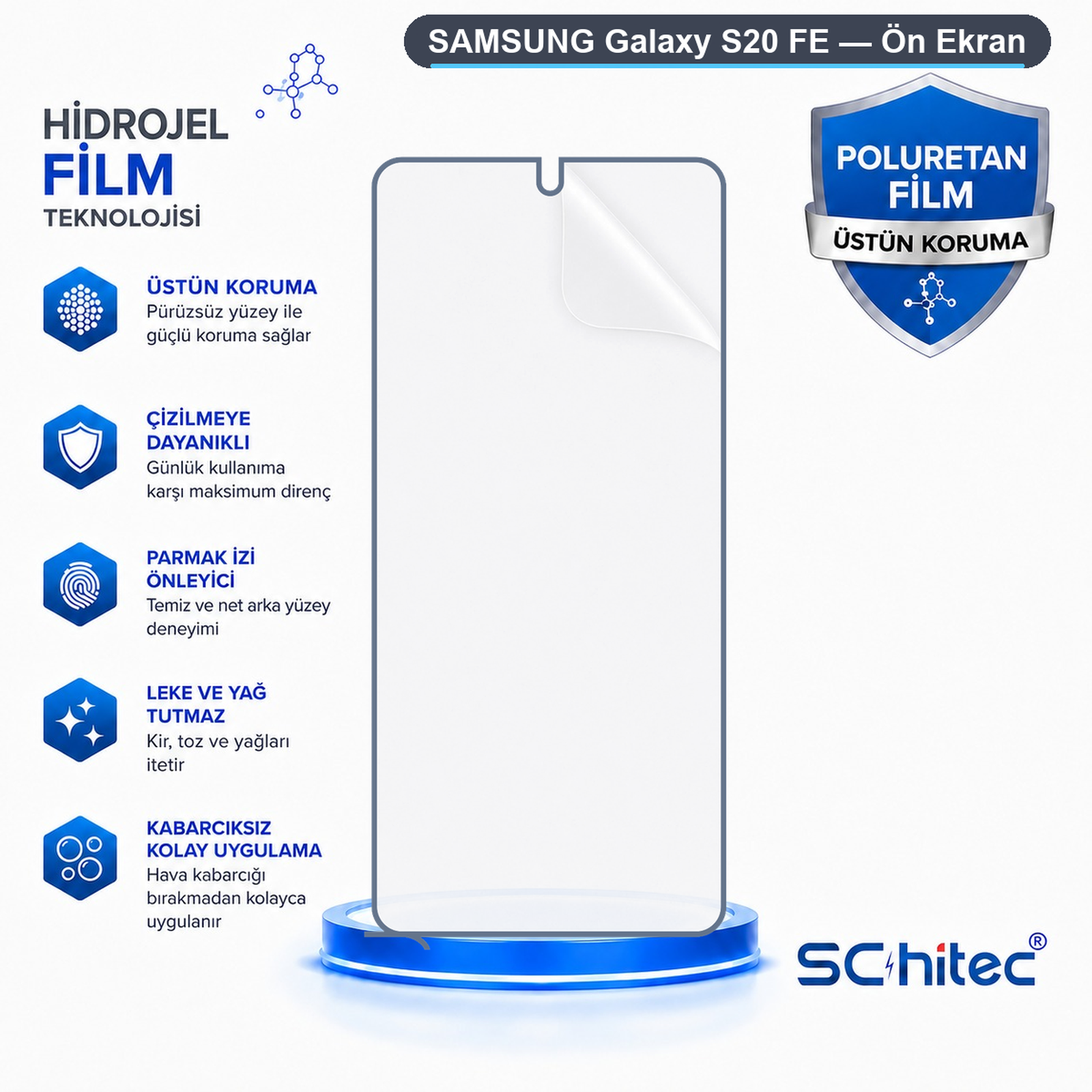Samsung Galaxy S20 FE ekran koruyucu için çizilme direnci gösteren ürün reklamı.