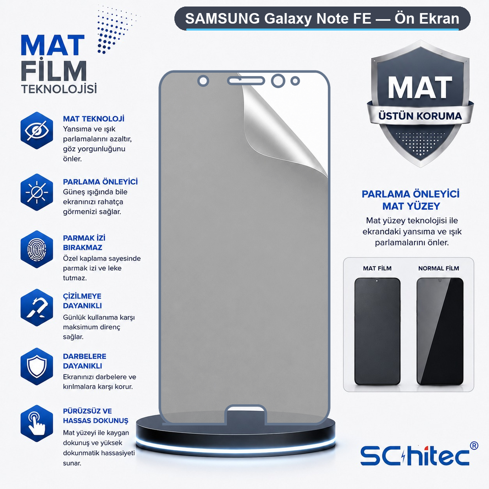 Samsung Galaxy Note FE mat ekran koruyucu için tanıtım görseli ve özellikleri.